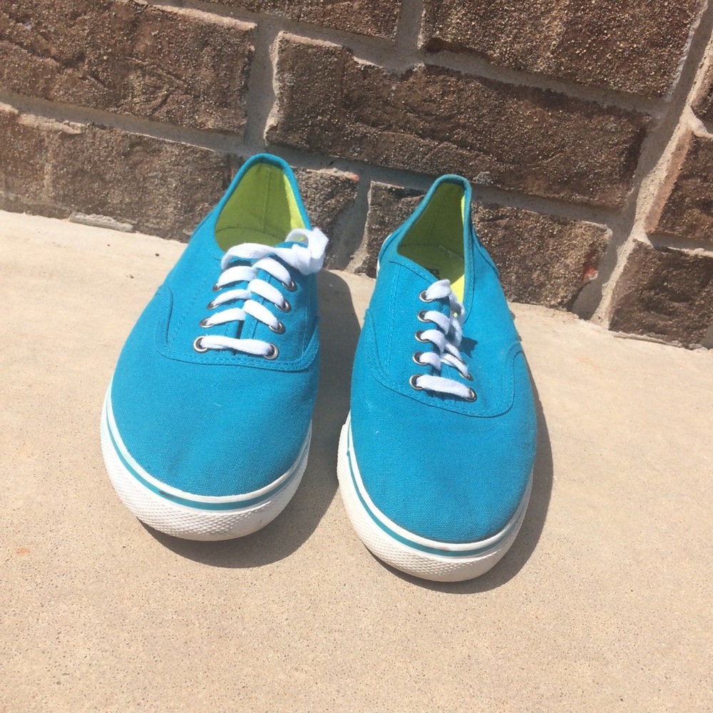 Bright blue and lime green Bongo shoes.